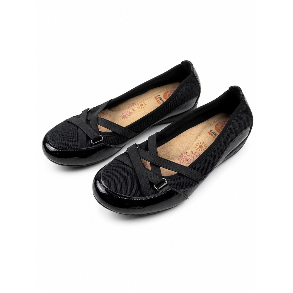 Earth Spirit Peni Black Patent Criss Cross Mesh Slip On Flats Women's Size 7